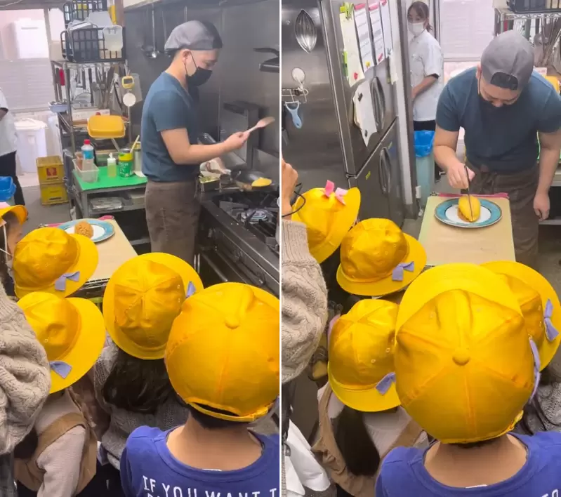 《參觀專業蛋包飯烹調過程的小學生》驚呼一聲的反應太像小小兵超可愛❤ | 葉羊報報